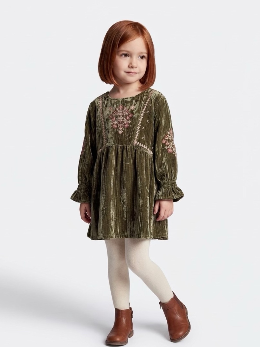 Embroidered Olive Green Velvet Dress for Girls